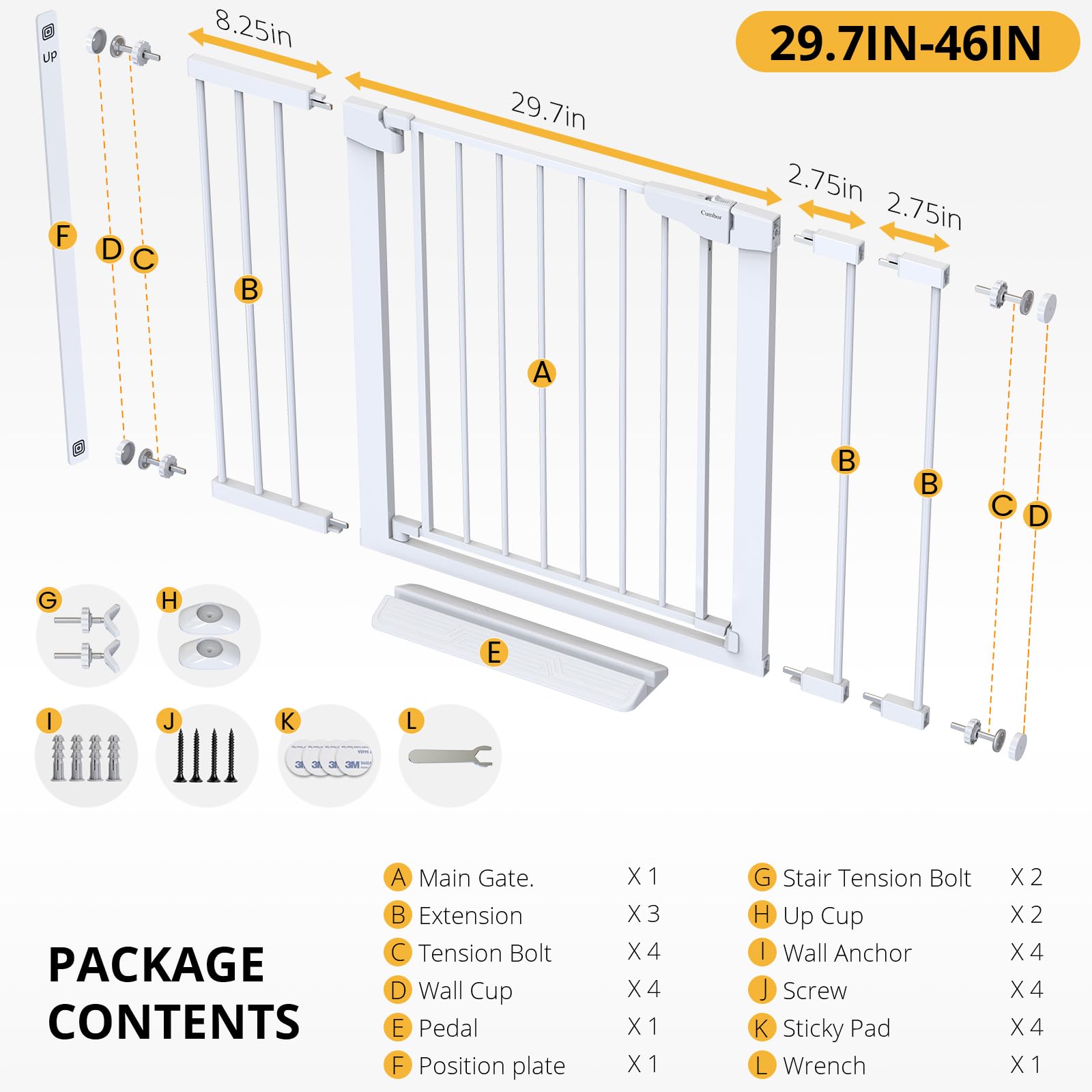 CUMBOR | SAFETY GATE | 29.7-46"W x 30.5"H | White - aborderproducts