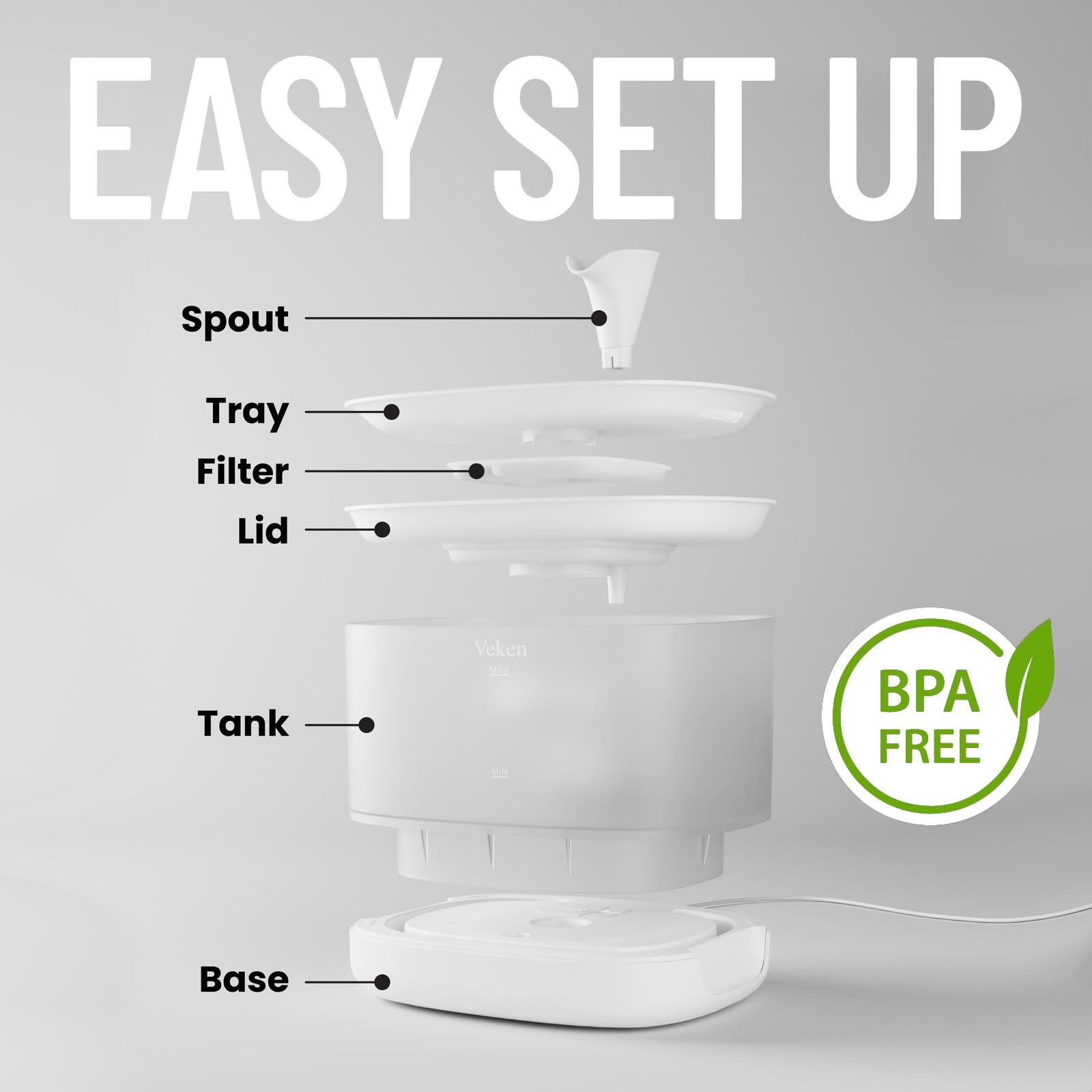 Veken Pet Fountain With Detachable Water Tank | 84oz/2.5L | White - aborderproducts