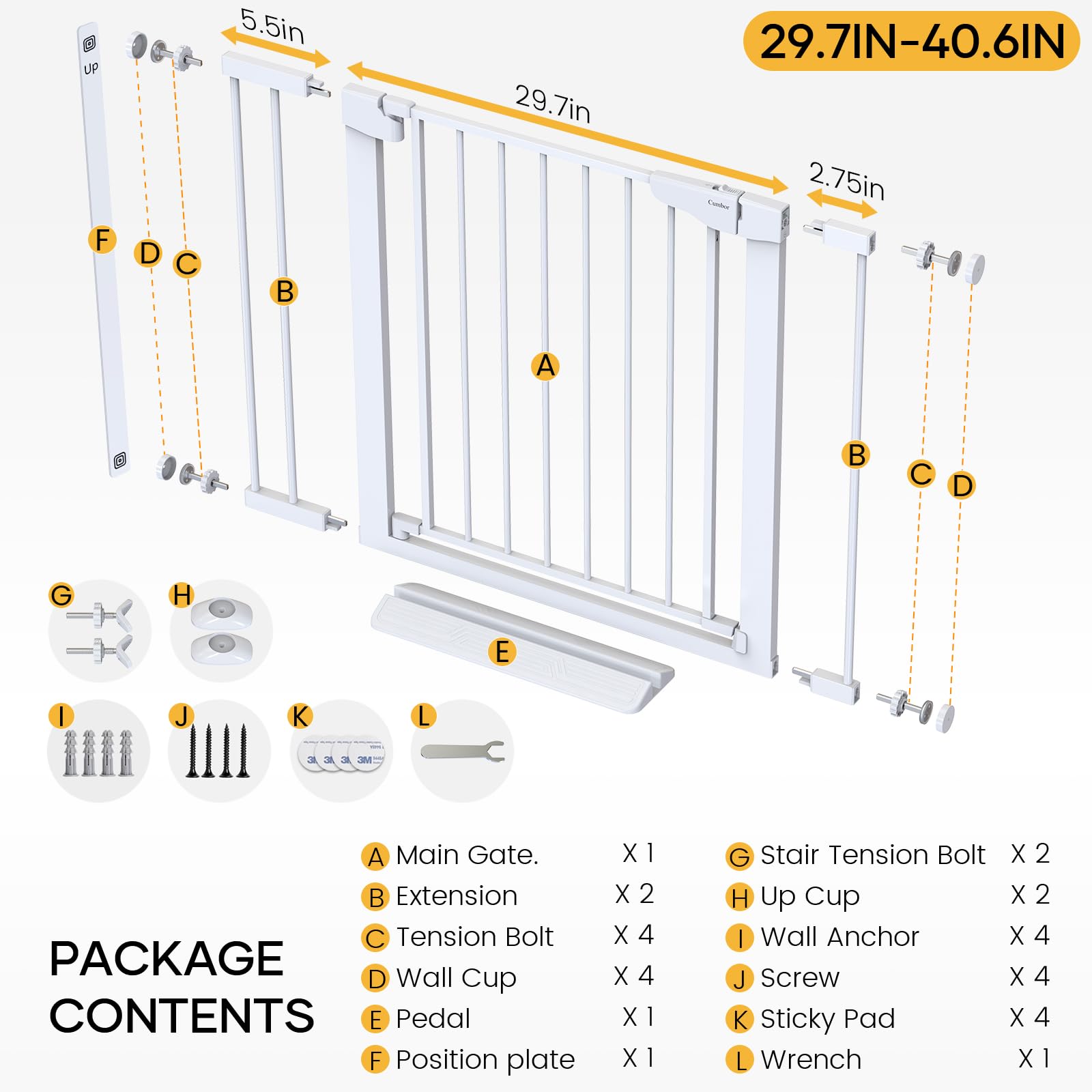 CUMBOR | SAFETY GATE | 29.7-40.6"W x 36"H | White - aborderproducts