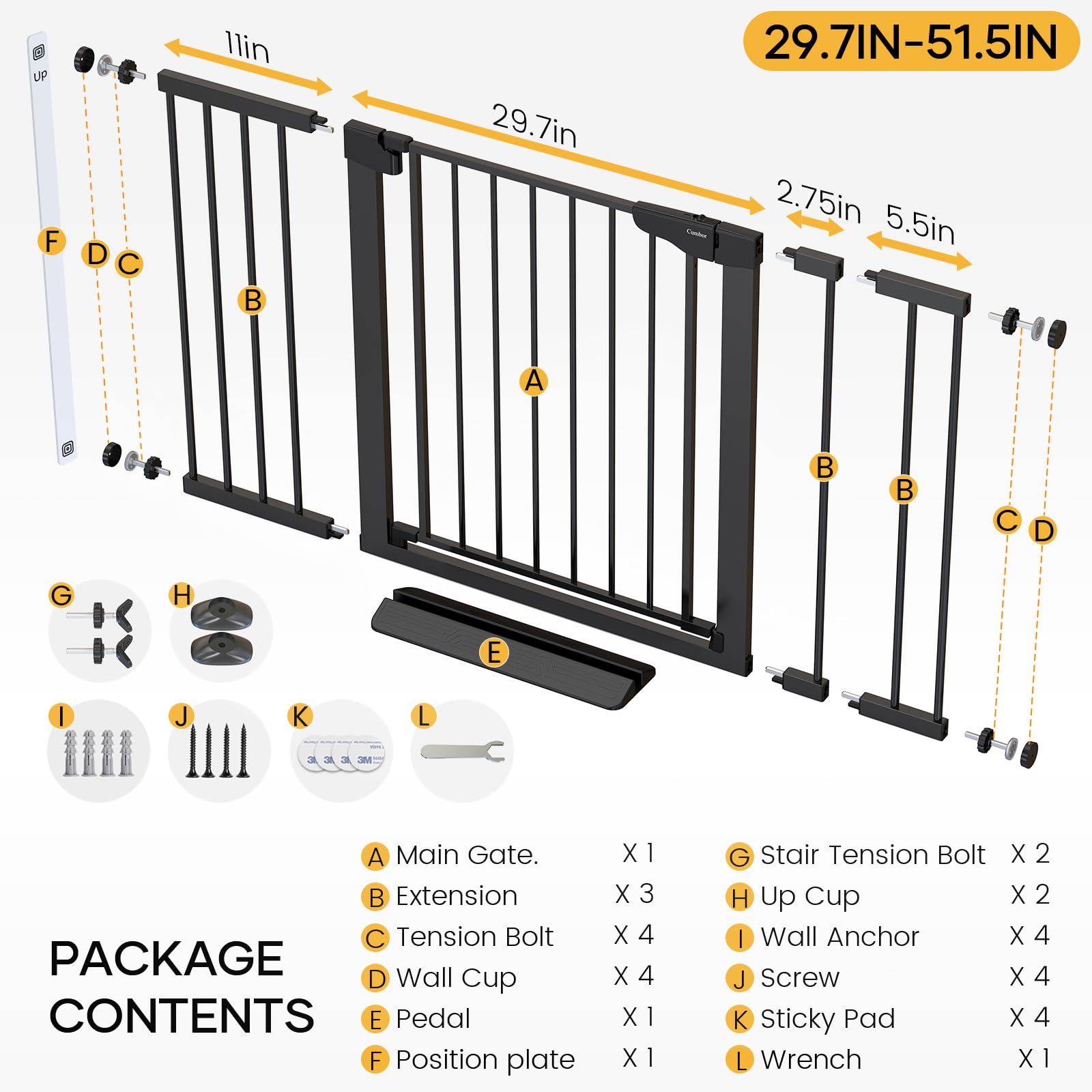 Cumbor | 29.7"-51.5" x 36" | Baby Gate Extra Wide | Black - aborderproducts