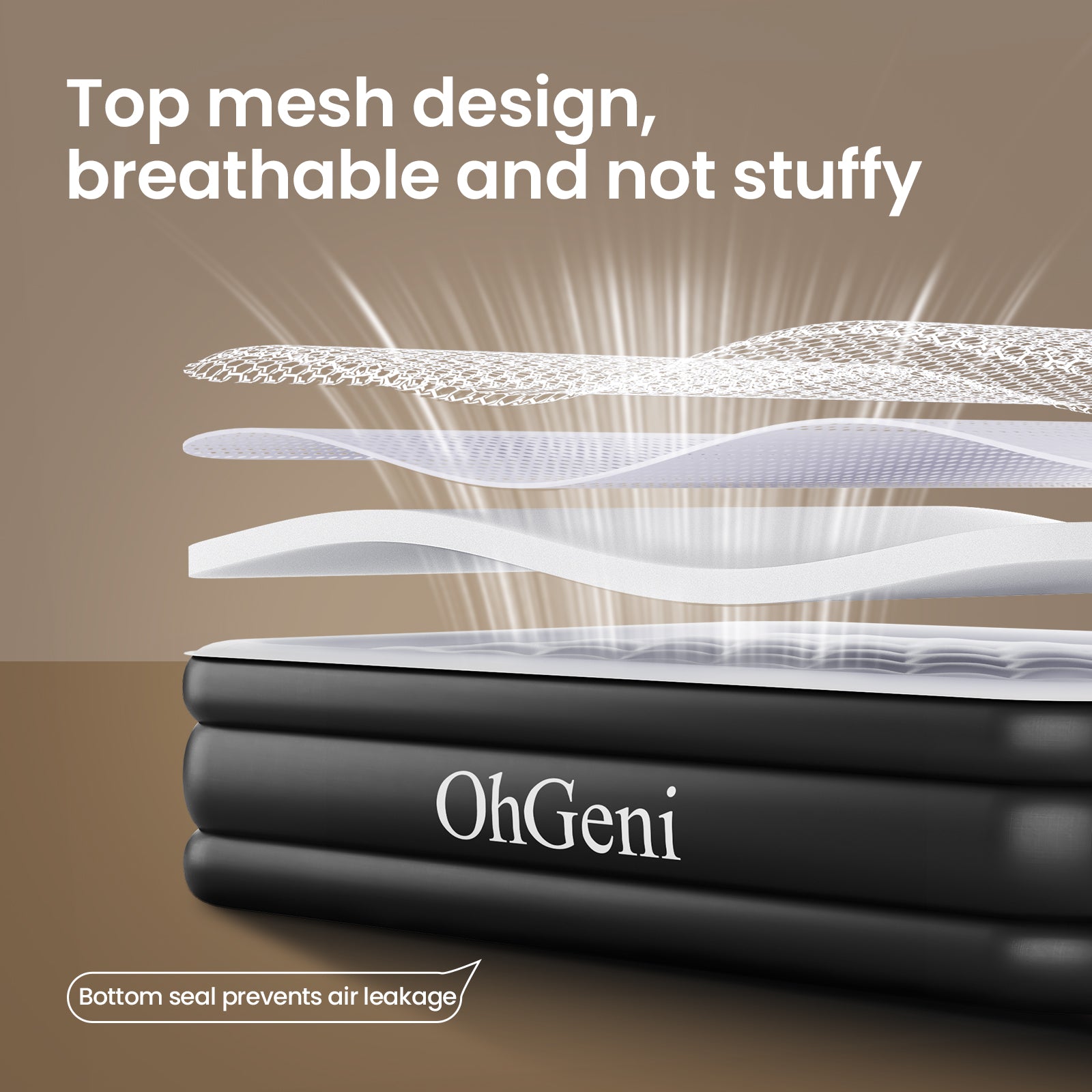 OhGeni | Air Mattress with Silk Foam Topper | Queen | 18" | Black - aborderproducts