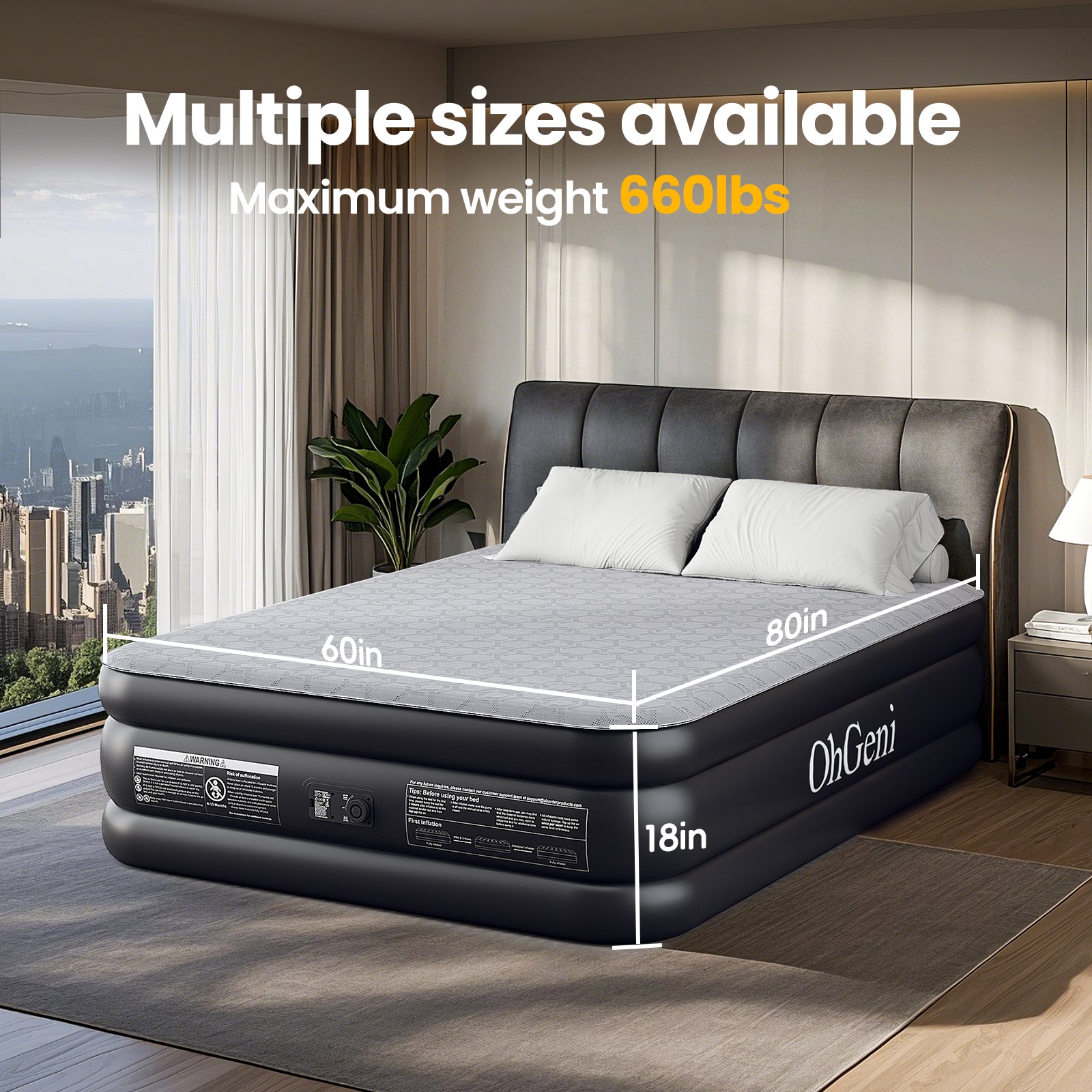 OhGeni | Air Mattress with Silk Foam Topper | Queen | 18" | Black - aborderproducts