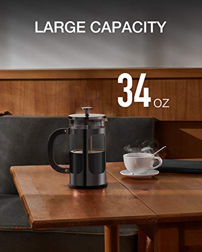 BAYKA French Press Coffee Maker, Glass 304 Stainless Steel Coffee Press, Cold Brew Heat Resistant Thickened Borosilicate Coffee Pot for Camping Travel Gifts, 34 Ounce, Dark Pewter - aborderproducts