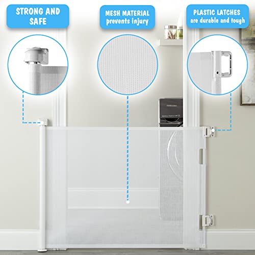 Cumbor Retractable Baby Gate for Stairs, Mesh Dog Gate for The House, Pet Gate 33” Tall Extends to 55”, Wide Safety Gates for Kids or Pets, Child Gate for Doorways, Hallways, Indoor, Outdoor(White) - aborderproducts
