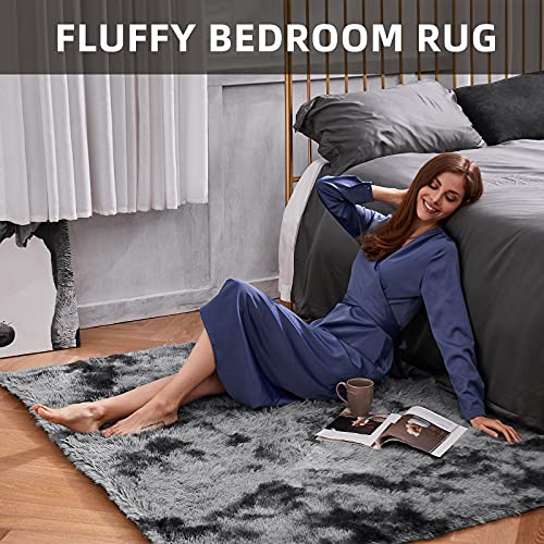 Ophanie Rugs for Bedroom, Fluffy Shag Fuzzy Soft Carpet, Plush Shaggy Bedside Area Rug, Indoor Floor Living Room Carpet for Kids Boys Dorm Home Decor Aesthetic, Nursery, 4 x 5.3 Feet Black and Grey - aborderproducts