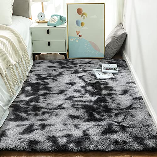 Ophanie Rugs for Bedroom, Fluffy Shag Fuzzy Soft Carpet, Plush Shaggy Bedside Area Rug, Indoor Floor Living Room Carpet for Kids Boys Dorm Home Decor Aesthetic, Nursery, 4 x 5.3 Feet Black and Grey - aborderproducts