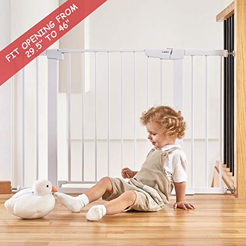 Cumbor 29.5-46" Auto Close Safety Baby Gate, Extra Tall and Wide Child Gate, Easy Walk Thru Durability Dog Gate for House, Stairs, Doorways. Includes 4 Wall Cups and 2 Extension Pieces, White - aborderproducts