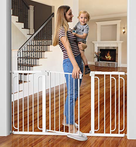 Cumbor 29.7-57" Baby Gate for Stairs, Extra Wide Dog Gate for Doorways, Pressure Mounted Walk Through Safety Child Gate for Kids Toddler, Adjustable Tall Pet Puppy Fence Gate, White - aborderproducts
