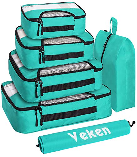 Veken 6 Set Packing Cubes, Travel Luggage Organizers with Laundry Bag & Shoe Bag (Teal) - aborderproducts