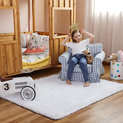 Ophanie White Rugs for Bedroom Fluffy, Fuzzy Shag Plush Soft Shaggy Bedside Area Rug, Indoor Floor Living Room Carpet for Girls Kids Baby Teen Dorm Home Decor Aesthetic, Nursery, 4 x 5.3 Feet - aborderproducts