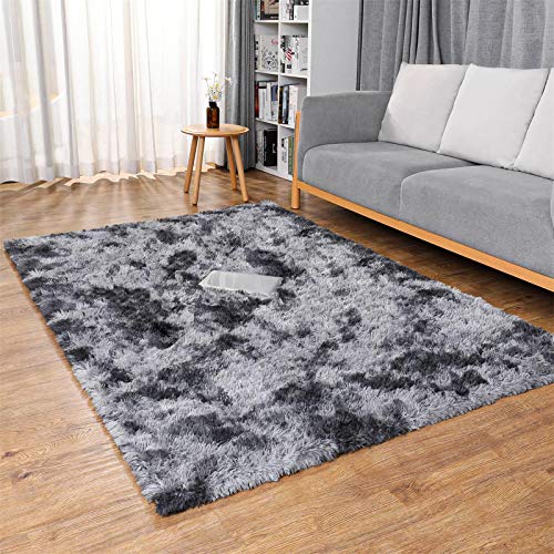 Ophanie Rugs for Bedroom, Machine Washable Fluffy Shaggy Soft Area Rug, Non-Slip Indoor Floor Carpet for Living Room, Kids Boys Teen Dorm Home Decor Aesthetic, Nursery, 4 x 5.3 Feet Black and Grey - aborderproducts