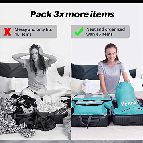 Veken 6 Set Packing Cubes, Travel Luggage Organizers with Laundry Bag & Shoe Bag (Teal) - aborderproducts