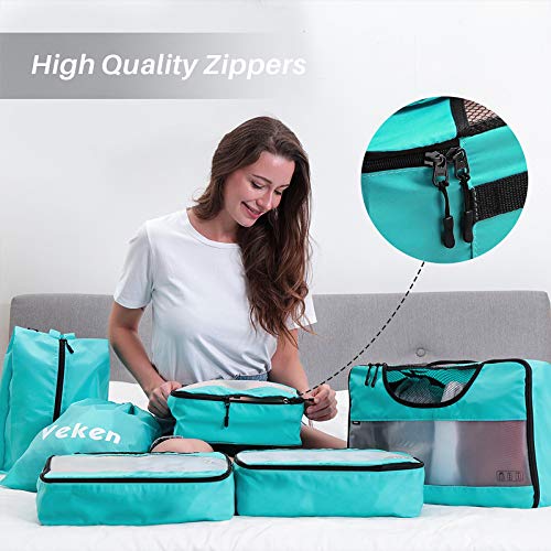 Veken 6 Set Packing Cubes, Travel Luggage Organizers with Laundry Bag & Shoe Bag (Teal) - aborderproducts