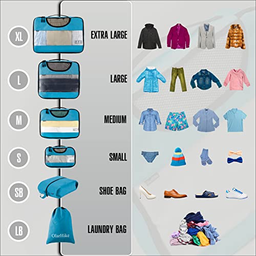 OlarHike Packing Cubes, 6 Set Travel Luggage Organizer Bags, 4 Sizes Travel Cubes, with Laundry Bag & Shoes Bag (Blue) - aborderproducts
