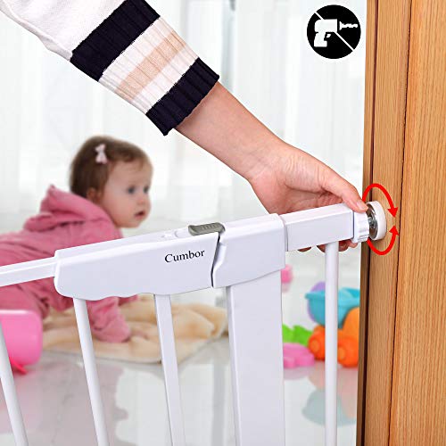 Cumbor 29.5-46" Auto Close Safety Baby Gate, Extra Tall and Wide Child Gate, Easy Walk Thru Durability Dog Gate for House, Stairs, Doorways. Includes 4 Wall Cups and 2 Extension Pieces, White - aborderproducts