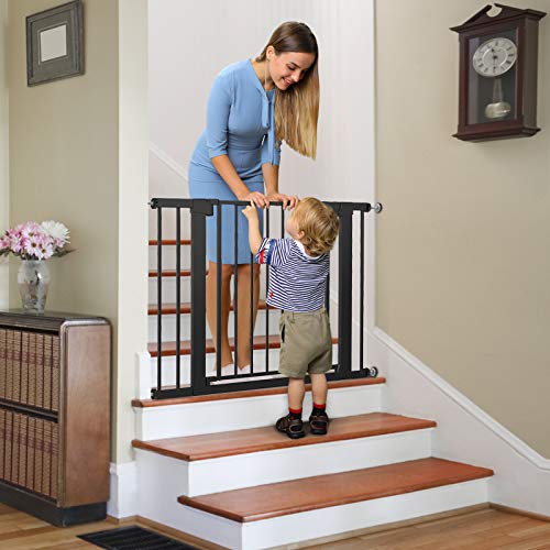 Cumbor 29.5”-40.6” Auto Close Safety Baby Gate, Durable Extra Wide Dog Gate for Stairs,Doorways, Easy Walk Thru Pet Gate for House，Child Gate Includes 4 Wall Cups and Extension,Black - aborderproducts