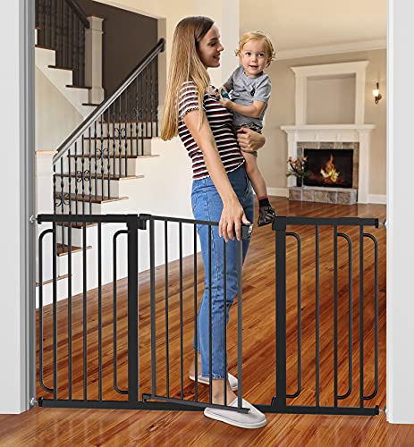 Cumbor 29.7-57" Baby Gate for Stairs, Extra Wide Dog Gate for Doorways, Pressure Mounted Walk Through Safety Child Gate for Kids Toddler, Adjustable Tall Pet Puppy Fence Gate, Black - aborderproducts