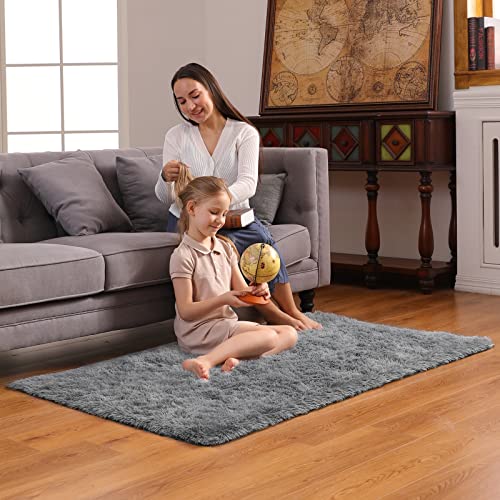 Ophanie 3 x 5 Feet Rugs for Bedroom, College Dorm Room Grey Small Area Rug, Non-Slip Fluffy Shaggy Bedside Floor Soft Shag Fuzzy Plush Indoor Carpet for Kids Boys Teen Home Decor Aesthetic, Nursery - aborderproducts