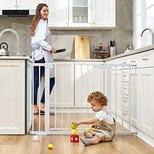Cumbor 29.5-46" Auto Close Safety Baby Gate, Extra Tall and Wide Child Gate, Easy Walk Thru Durability Dog Gate for House, Stairs, Doorways. Includes 4 Wall Cups and 2 Extension Pieces, White - aborderproducts