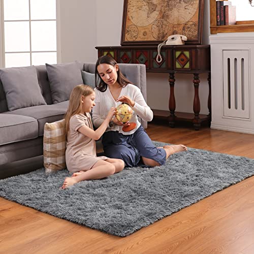 Ophanie Grey Rugs for Bedroom, Fluffy Shag Fuzzy Soft Carpet, Plush Shaggy Bedside Area Rug, Indoor Floor Living Room Carpet for Kids Boys Teen Dorm Home Decor Aesthetic, Nursery, 4 x 5.3 Feet Gray - aborderproducts