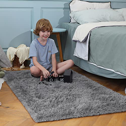 Ophanie 3 x 5 Feet Rugs for Bedroom, College Dorm Room Grey Small Area Rug, Non-Slip Fluffy Shaggy Bedside Floor Soft Shag Fuzzy Plush Indoor Carpet for Kids Boys Teen Home Decor Aesthetic, Nursery - aborderproducts