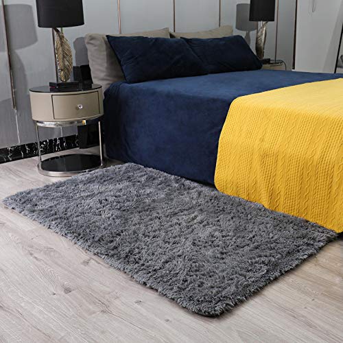 Ophanie 3 x 5 Feet Rugs for Bedroom, College Dorm Room Grey Small Area Rug, Non-Slip Fluffy Shaggy Bedside Floor Soft Shag Fuzzy Plush Indoor Carpet for Kids Boys Teen Home Decor Aesthetic, Nursery - aborderproducts