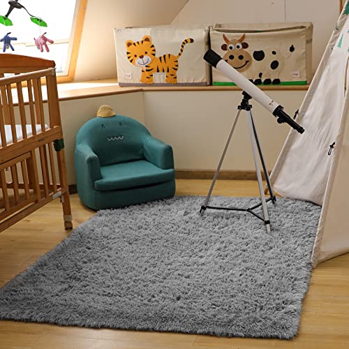 Ophanie Grey Rugs for Bedroom, Fluffy Shag Fuzzy Soft Carpet, Plush Shaggy Bedside Area Rug, Indoor Floor Living Room Carpet for Kids Boys Teen Dorm Home Decor Aesthetic, Nursery, 4 x 5.3 Feet Gray - aborderproducts