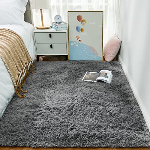 Ophanie Grey Rugs for Bedroom, Fluffy Shag Fuzzy Soft Carpet, Plush Shaggy Bedside Area Rug, Indoor Floor Living Room Carpet for Kids Boys Teen Dorm Home Decor Aesthetic, Nursery, 4 x 5.3 Feet Gray - aborderproducts