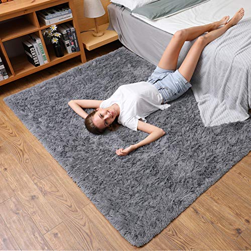 Ophanie Machine Washable Rugs for Bedroom, Fluffy Grey Shaggy Soft Area Rug, Non-Slip Indoor Floor Carpet for Living Room, Kids Baby Boys Teen Dorm Home Decor Aesthetic, Nursery, 4 x 5.3 Feet Gray - aborderproducts