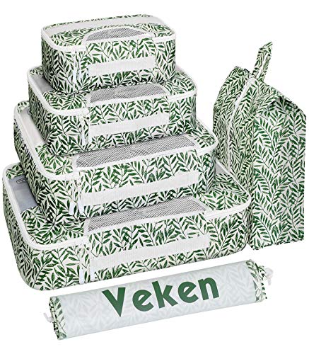 Veken 6 Set Packing Cubes, Travel Luggage Organizers with Laundry Bag Shoe Bag (Green Leaf) - aborderproducts