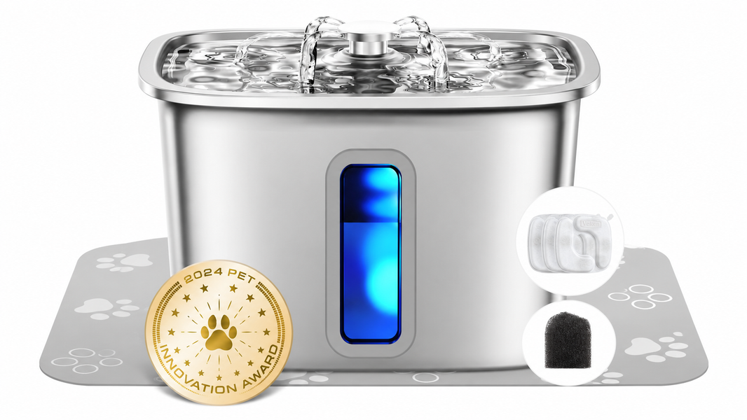 Veken 108 oz stainless steel cat water fountain with filters and award badge
