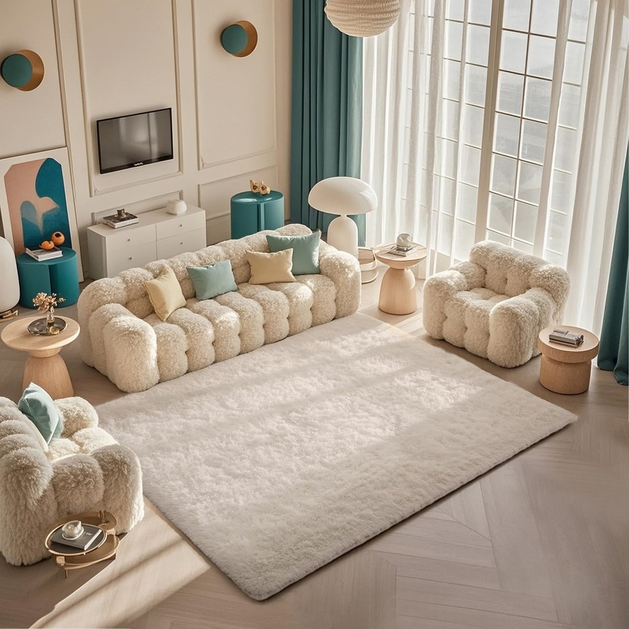Ivory shag area rug in a bedroom