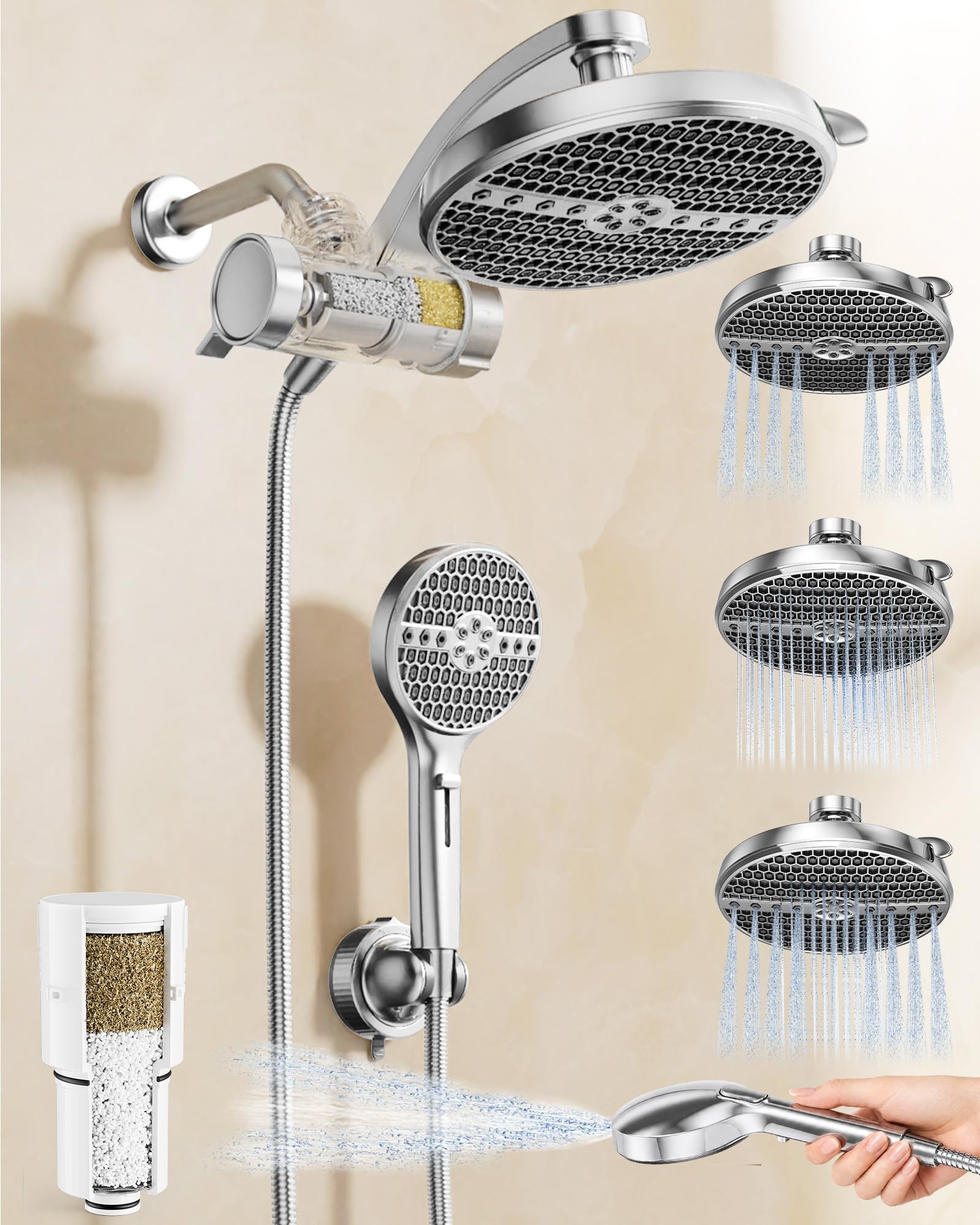 Filtered shower head with handheld spray set