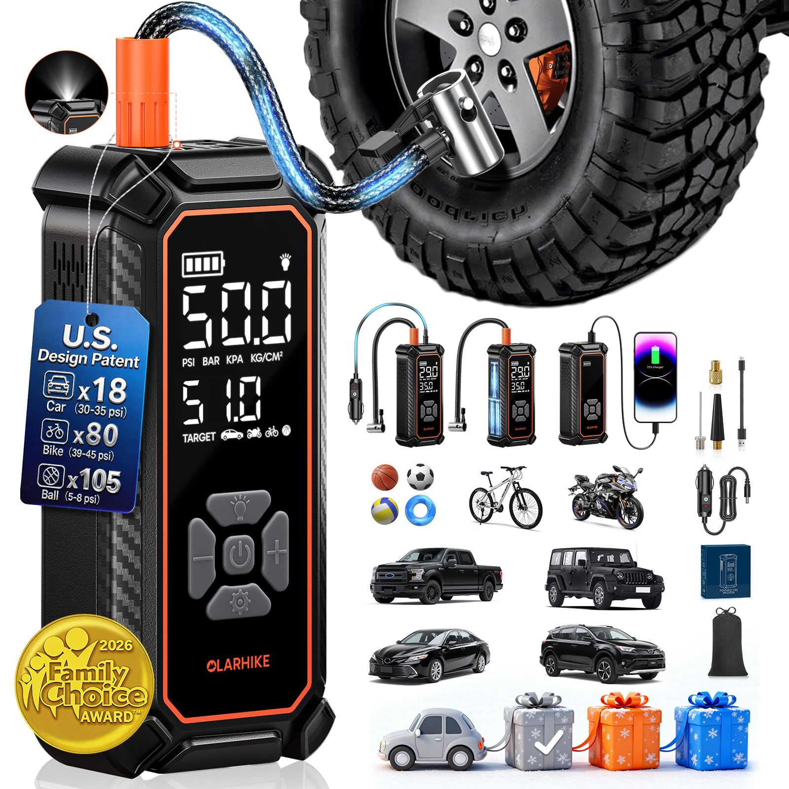 Portable cordless tire inflator with digital pressure gauge