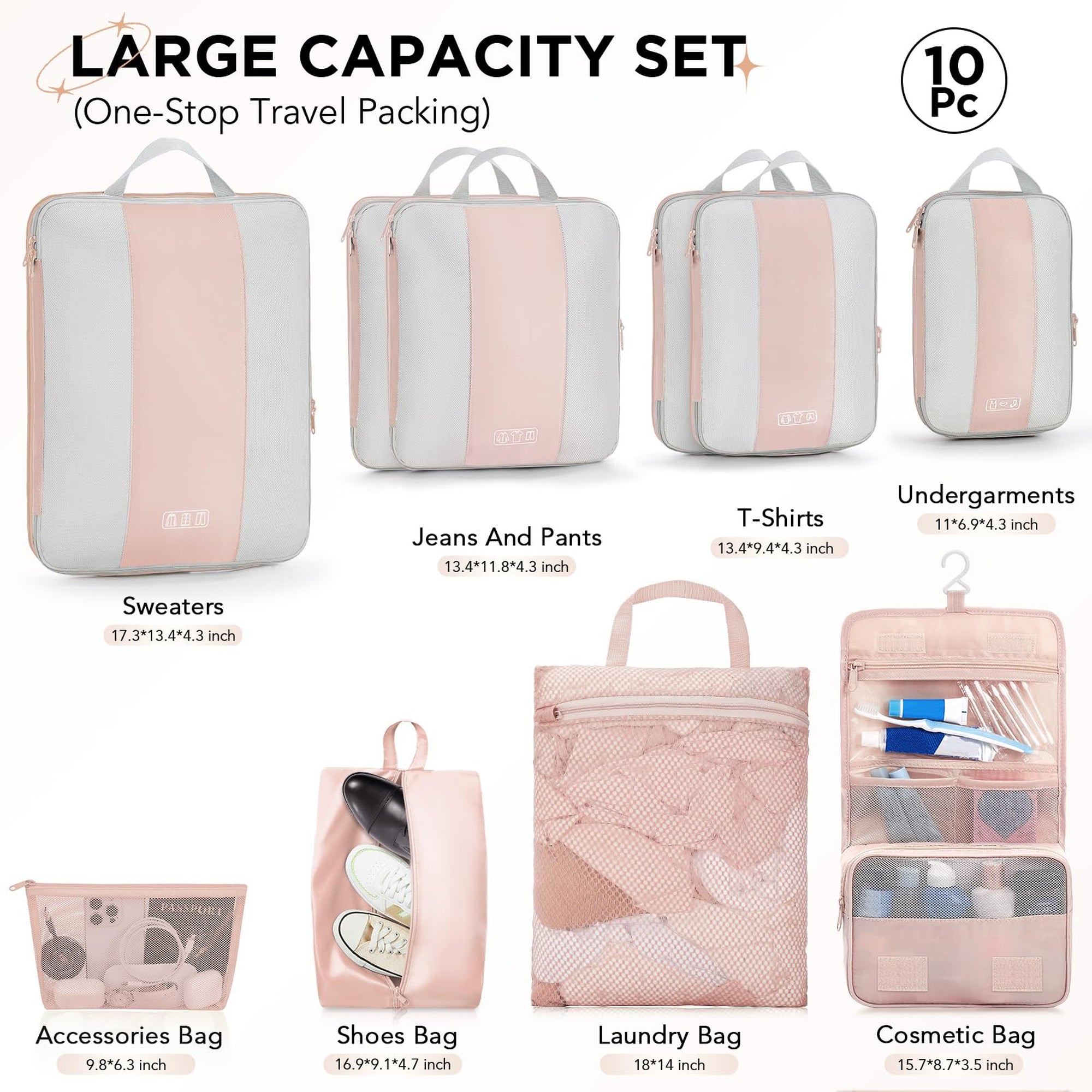 Beige compression packing cubes with garment bags