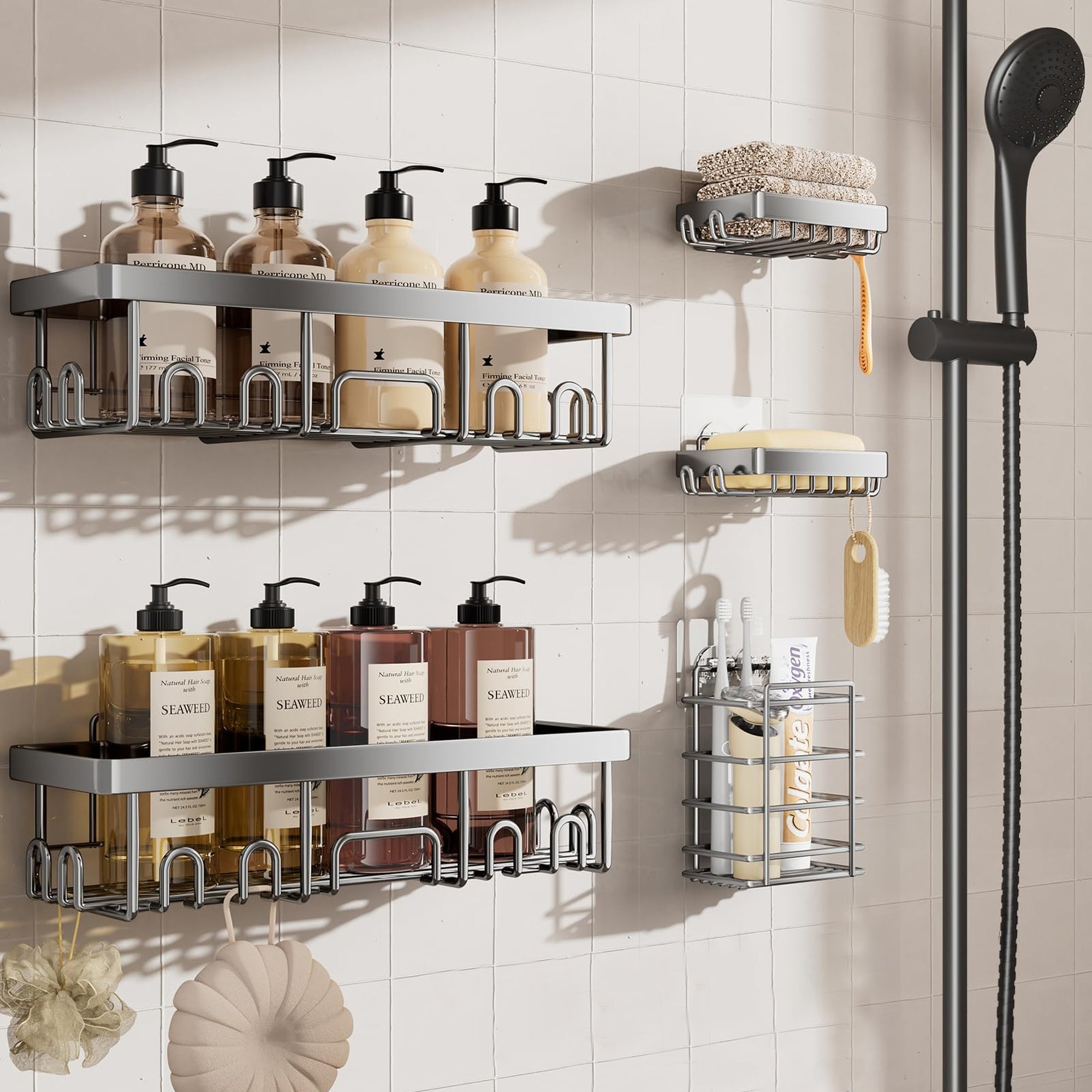 Adhesive shower caddy set mounted in a shower