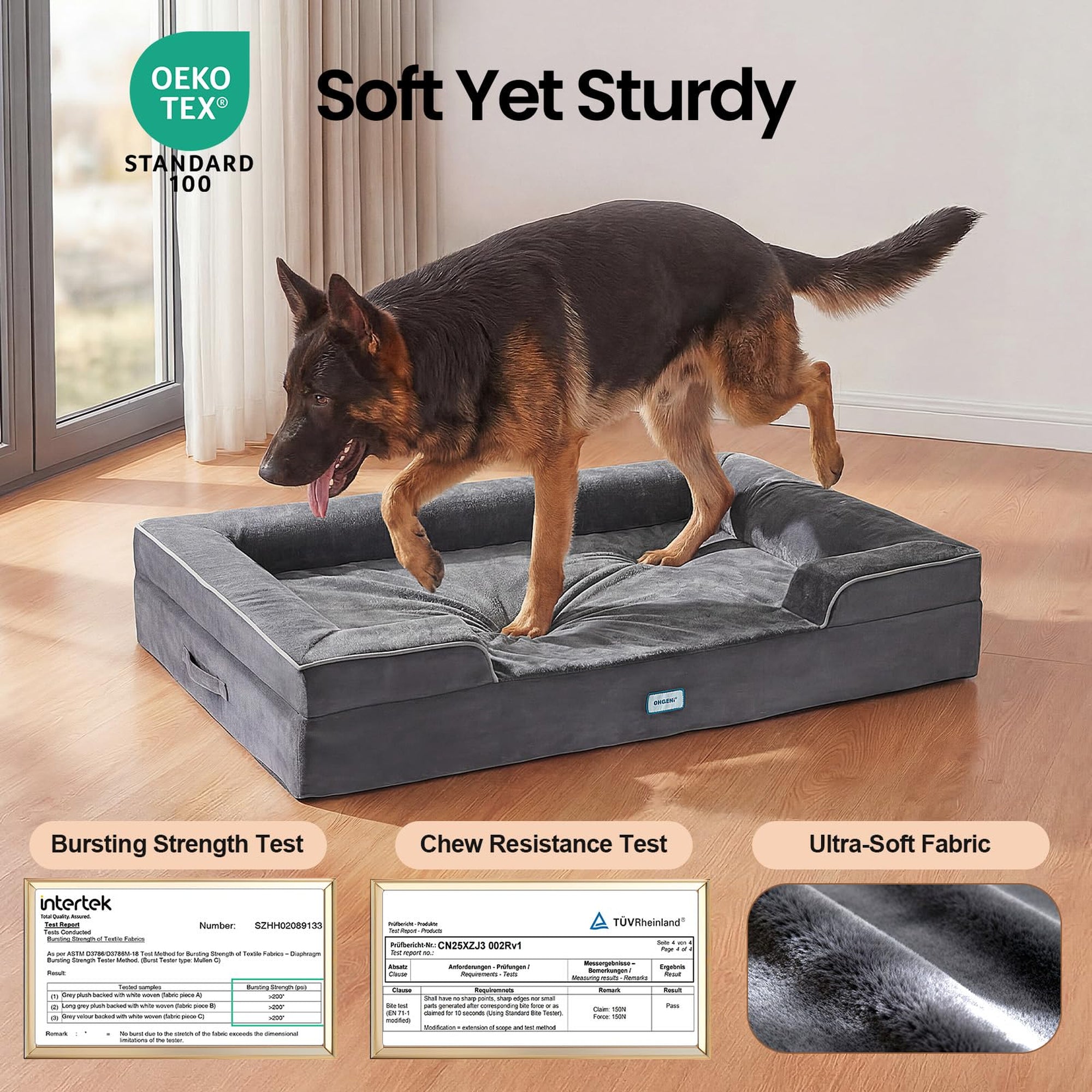 Large grey memory foam dog bed with bolstered sides