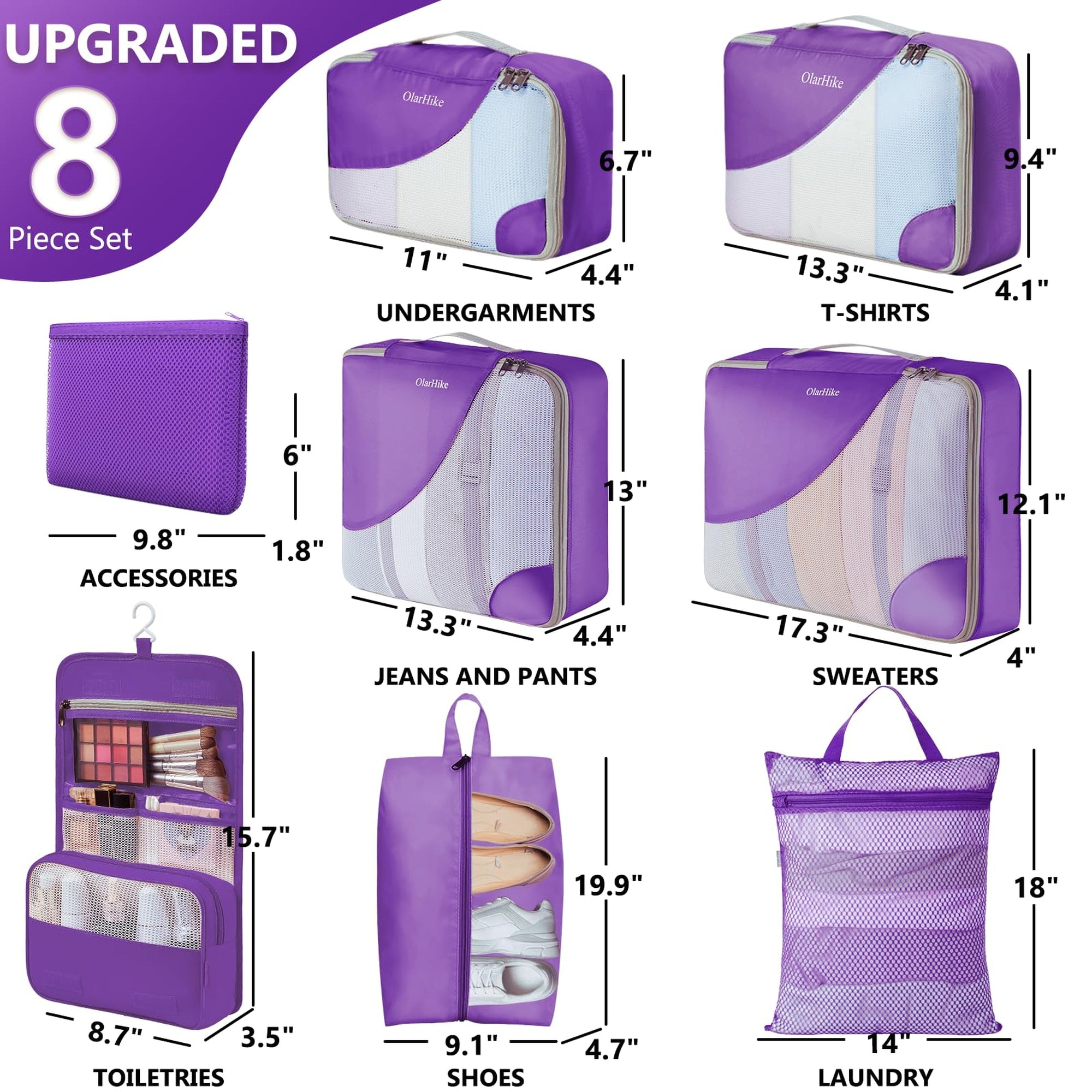 Set of eight suitcase organiser packing cubes