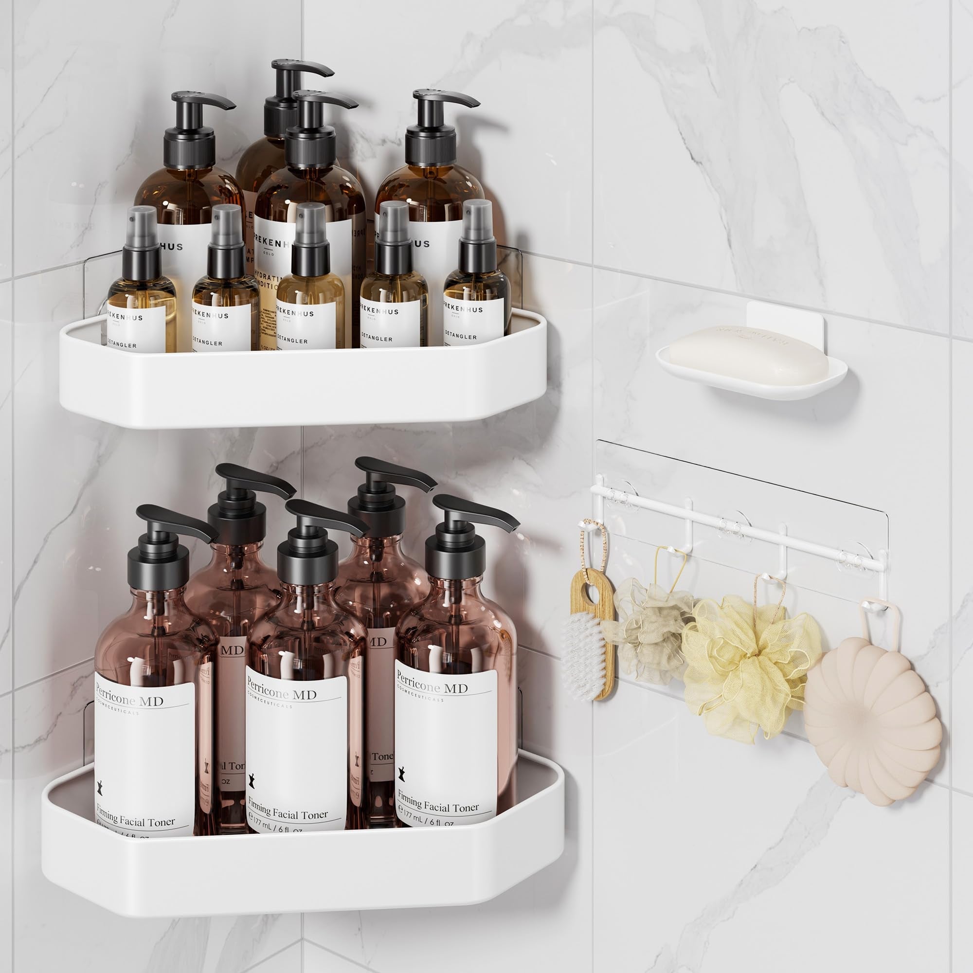 Aluminium corner shower caddy with soap holder