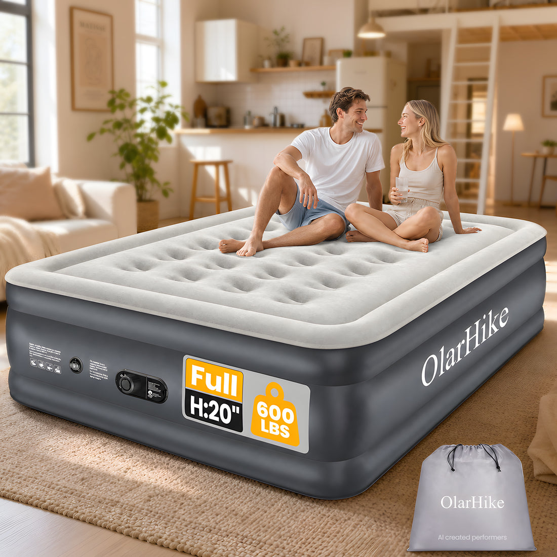 OlarHike Full Air Mattress Built-in Pump，20" Air Bed for Home,600LBS