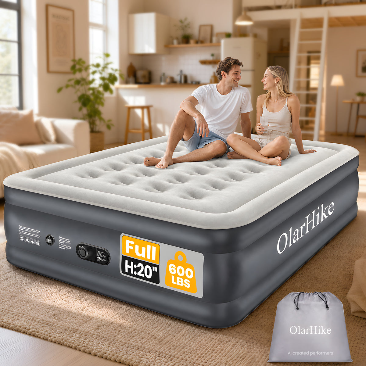 OlarHike Full Air Mattress Built-in Pump，20" Air Bed for Home,600LBS