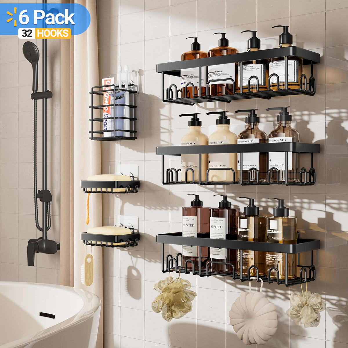 Veken | 6 Pack Stainless Steel Shower Caddy| Black | No Drilling &amp; Rustproof, Waterproof Adhesive Shelves Rack with Soap Holder, Large Capacity Bathroom Organizers and Storage, Wall-Mounted Kitchen Decor