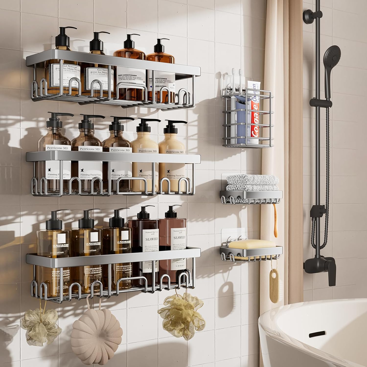 Veken Rustproof Shower Caddy 6-Pack, Ideal for Gift, Large Wall Mounted Rack, Bathroom Shelves Over Toilet, Organizer Storage Accessories with Soap Dish & Toothbrush Holder, Silver - aborderproducts