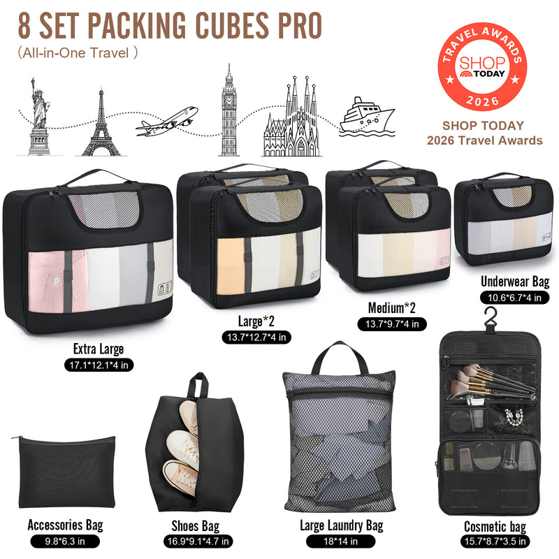 Veken 10 Set/8 Set Packing Cubes for Travel Essentials,Anti-Wrinkle Buckled Suitcase Organizer for Shoe & Toiletry Bag,Carry On Luggage Bag for Airplane & College Dorm Room Accessories,Women Men Gifts-zoom-