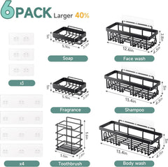 Veken | 6 Pack Stainless Steel Shower Caddy| Black | No Drilling &amp; Rustproof, Waterproof Adhesive Shelves Rack with Soap Holder, Large Capacity Bathroom Organizers and Storage, Wall-Mounted Kitchen Decor - aborderproducts