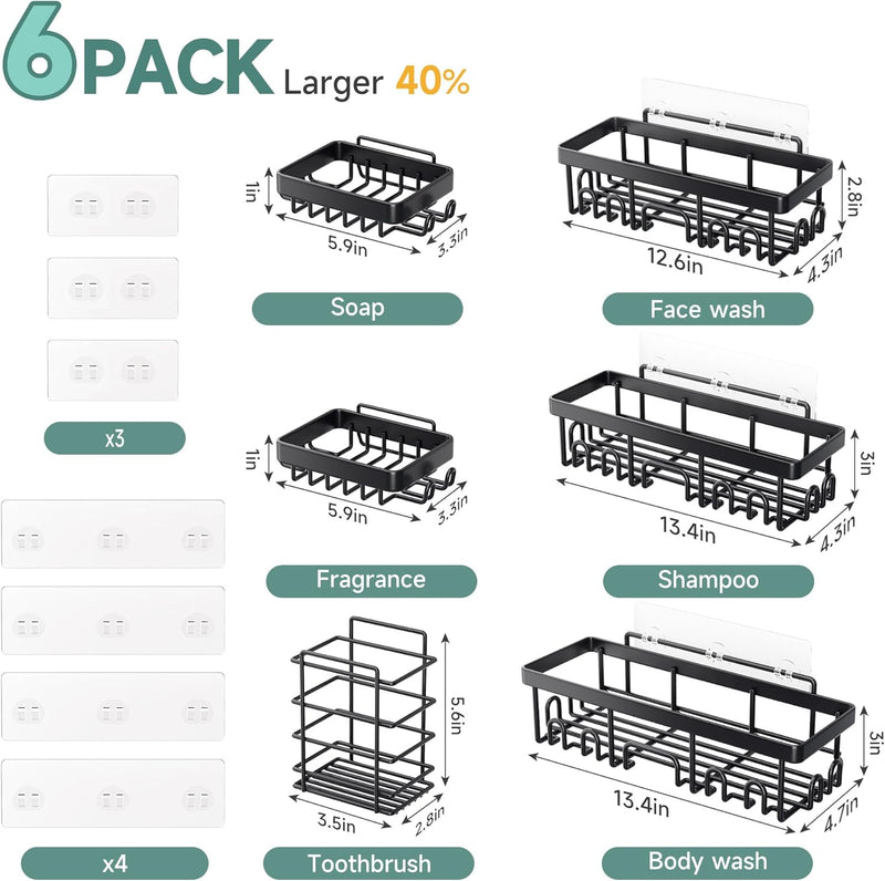Veken | 6 Pack Stainless Steel Shower Caddy| Black | No Drilling &amp; Rustproof, Waterproof Adhesive Shelves Rack with Soap Holder, Large Capacity Bathroom Organizers and Storage, Wall-Mounted Kitchen Decor-zoom-