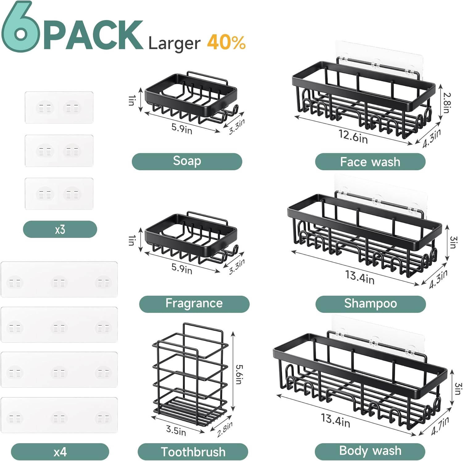 Veken | 6 Pack Stainless Steel Shower Caddy| Black | No Drilling &amp; Rustproof, Waterproof Adhesive Shelves Rack with Soap Holder, Large Capacity Bathroom Organizers and Storage, Wall-Mounted Kitchen Decor