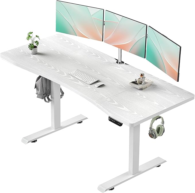 Veken 63 Inch Electric Standing Desk, Sit to Stand Up, Work Home Office Computer Table for Study, Walking Pad, Writing, and Games, Wooden Desktop Desks, White - aborderproducts