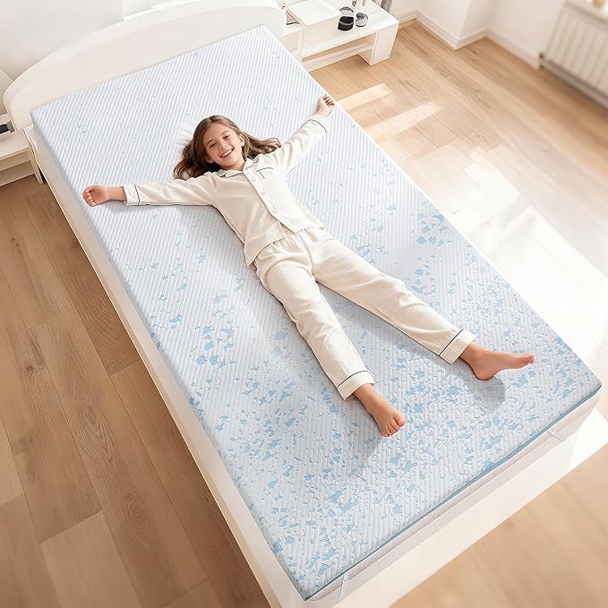 OhGeni 3 Inch Cooling Twin Size Gel Memory Foam Mattress Toppers Pad, Soft Washable Bed Cover with Anti-Slip Base & Zipper, Fits 6"-19" Mattresses with Straps，Extra Comfort & Back-Friendly for Kids