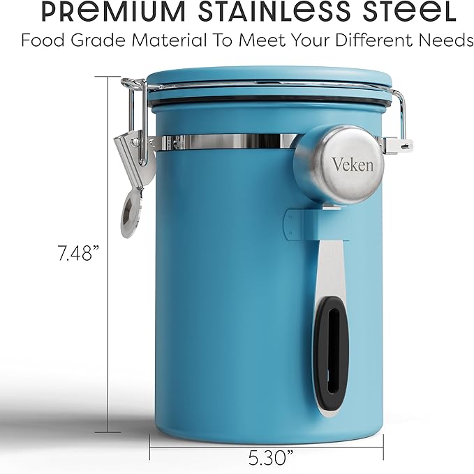 Veken Coffee Canister with Window, Airtight Stainless Steel Kitchen Food Storage Container with Lids, Date Tracker and Scoop for Grounds Coffee, Beans, Tea, Flour, Cereal, Sugar Jars, 22OZ, Blue